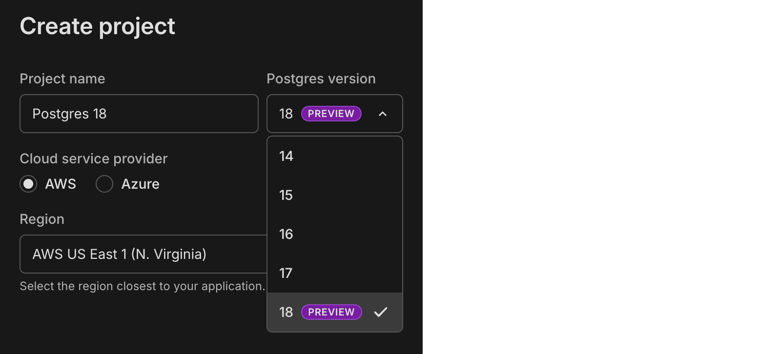 Postgres 18 Create project