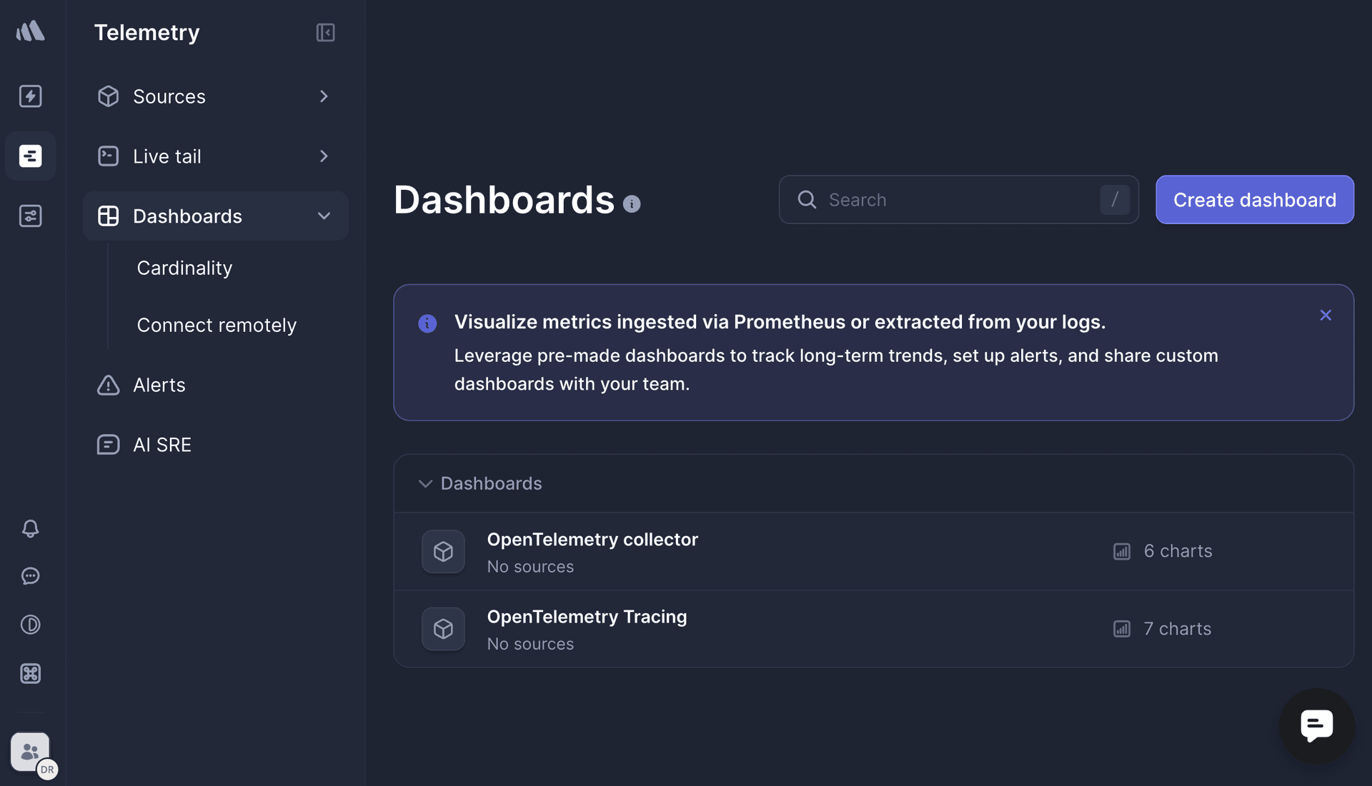 Better Stack dashboards page showing default dashboards.
