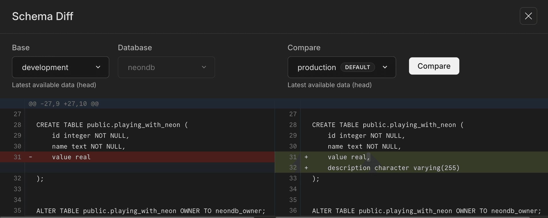 Schema diff from branches page