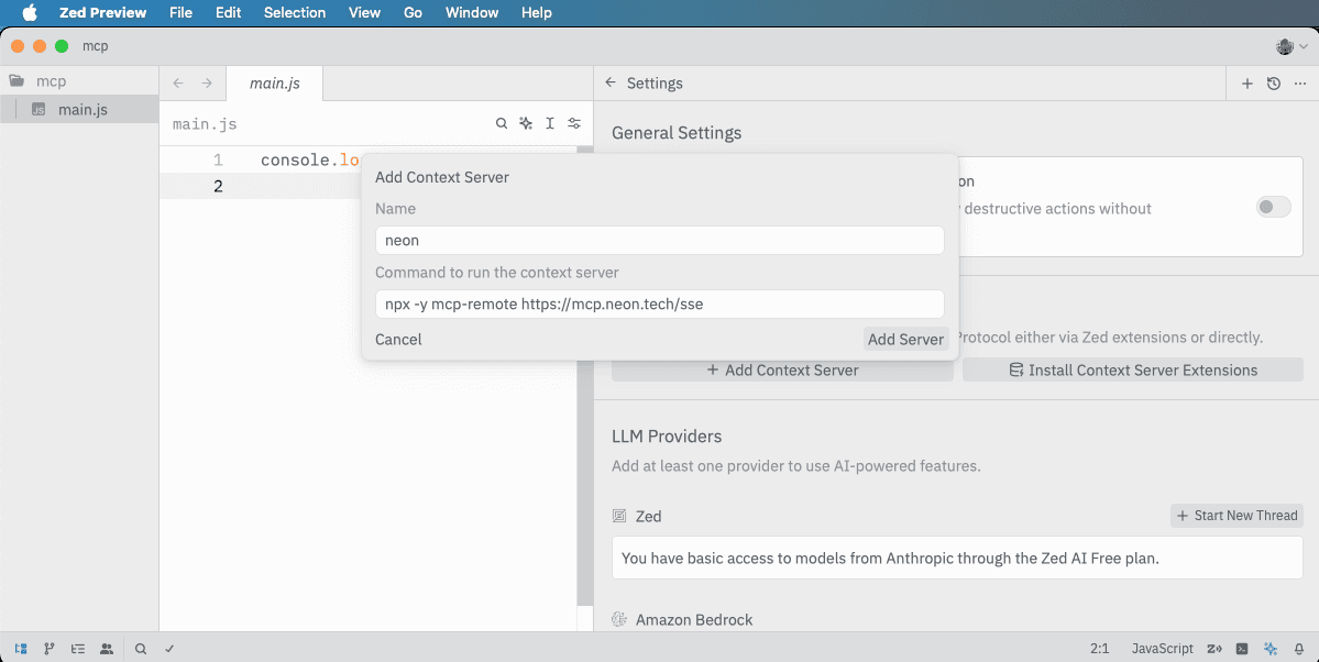 Zed add Neon Remote MCP server