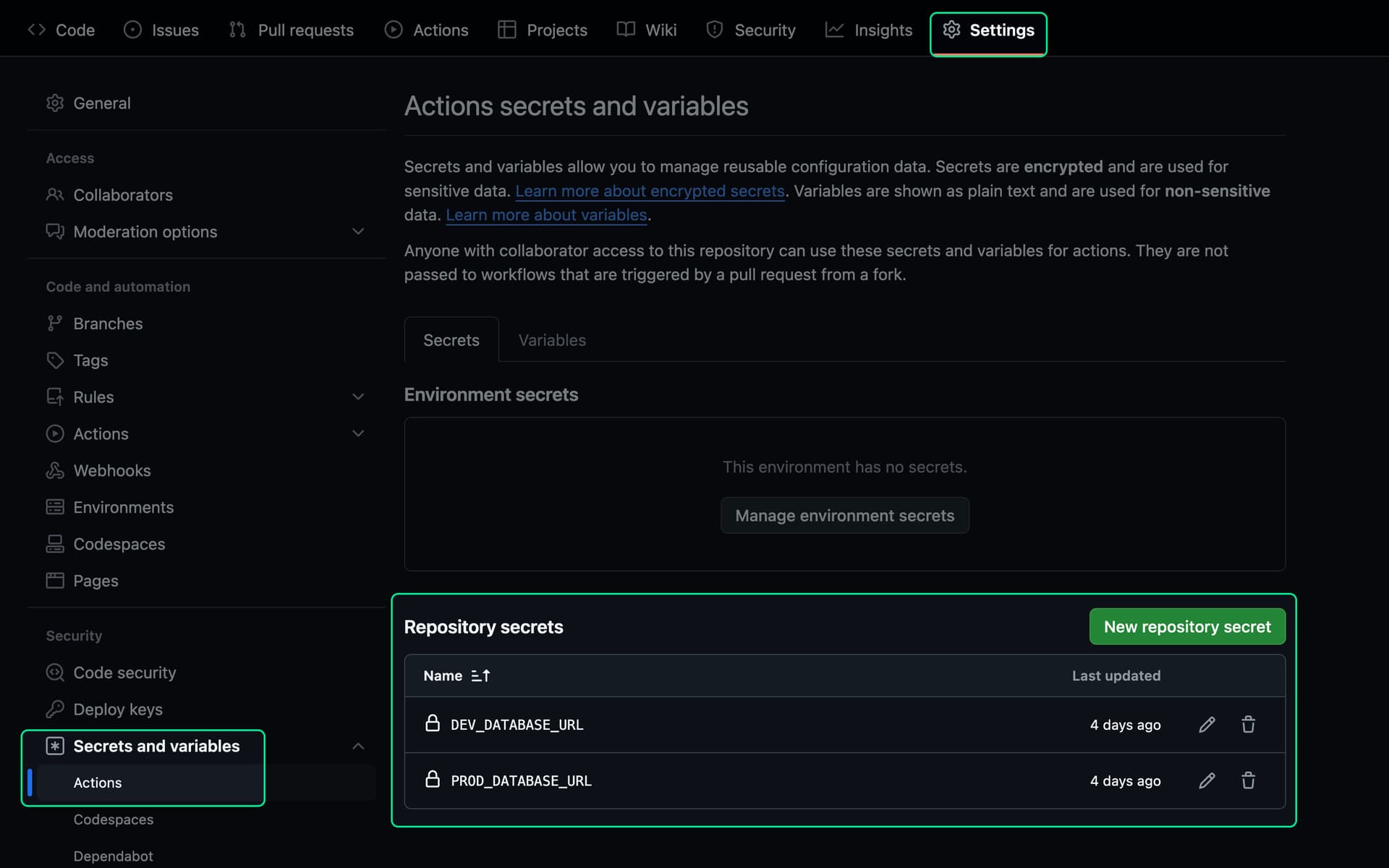 Screenshot of GitHub repository secrets